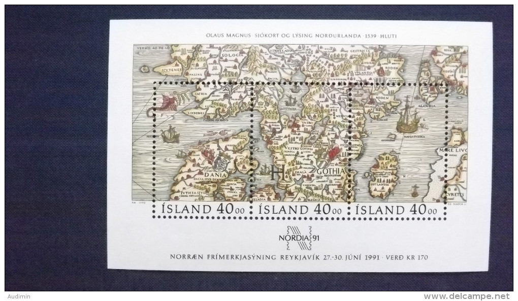 Island 733/5 Block 11 **/mnh, Tag Der Briefmarke 1990; Internationale Briefmarkenausstellung NORDIA ’91, Reykjavik. - Blokken & Velletjes