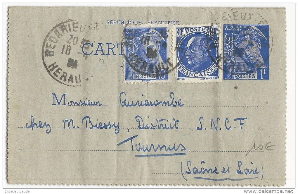 HERAULT - 1942 - CARTE LETTRE ENTIER MERCURE De BEDARIEUX POUR TOURNUS - PETAIN - Letter Cards