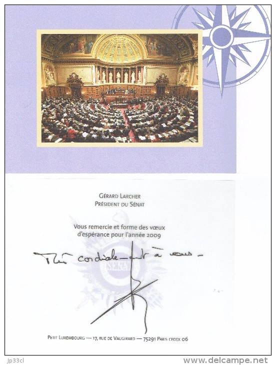 Voeux 2009 De Gérard Larcher, Président Du Sénat + Enveloppe Officielle Avec EMA 95 Gonesse TIM - Politicians & Soldiers