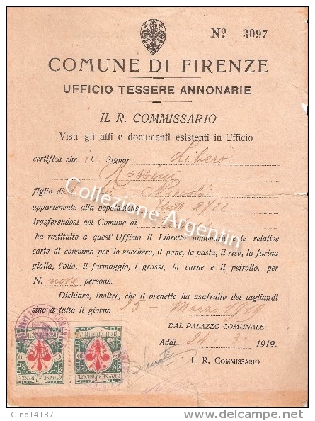 Certificato UFFICIO TESSERE ANNONARIE - Comune Di Firenze - Anno 1919 - Décrets & Lois