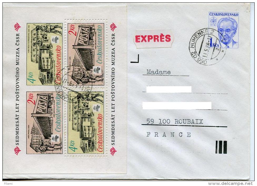 Poste,culture,uniforme Postier Tcheque Sur Bloc Feuille Musée De La Poste Praga 88,lettre,expres,entier Postal Husak 198 - Kostüme