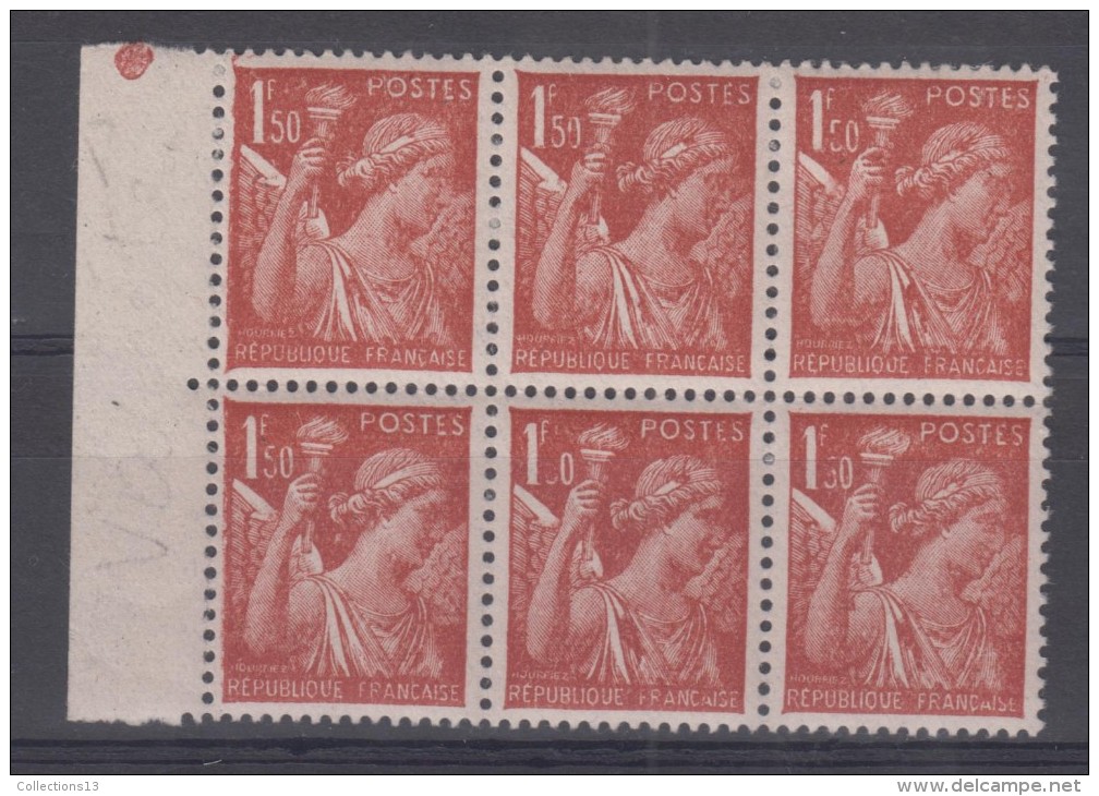 FRANCE - 652** (bloc De 6)(varietées Taches De Couleurs Et 5 Obstrués) - 1939-44 Iris