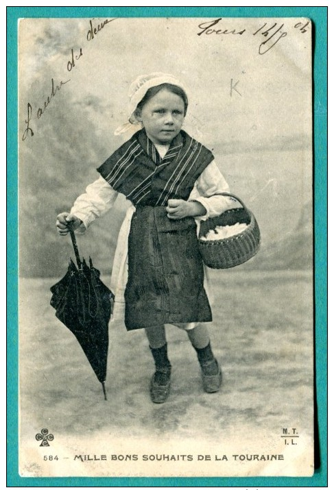 37 - Costume Folklorique  FILLETTE Mille Bons Souhaits De La Touraine - 2 Scans, Voyagé 1904 , édit MTIL - Autres & Non Classés