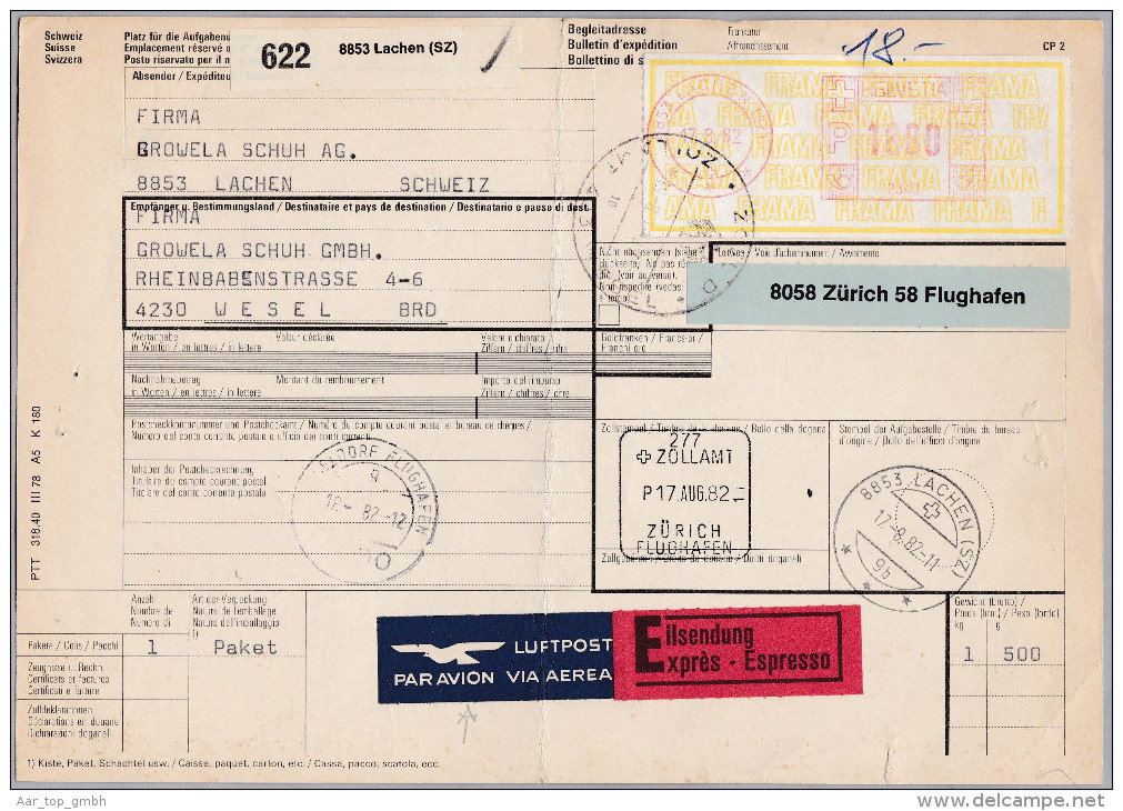 Heimat SZ LACHEN 1982-08-17 Luftpost Expres Paketkarte Nach Wesel D - Timbres D'automates