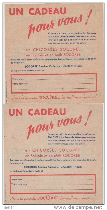 LOT DE 2 COCARDES GEANTES " SOCOREE "   CADEAU PUBLICITAIRE DE CHICOREE 9 LOTS DISPONIBLES ACHAT IMMEDIAT - Publicités