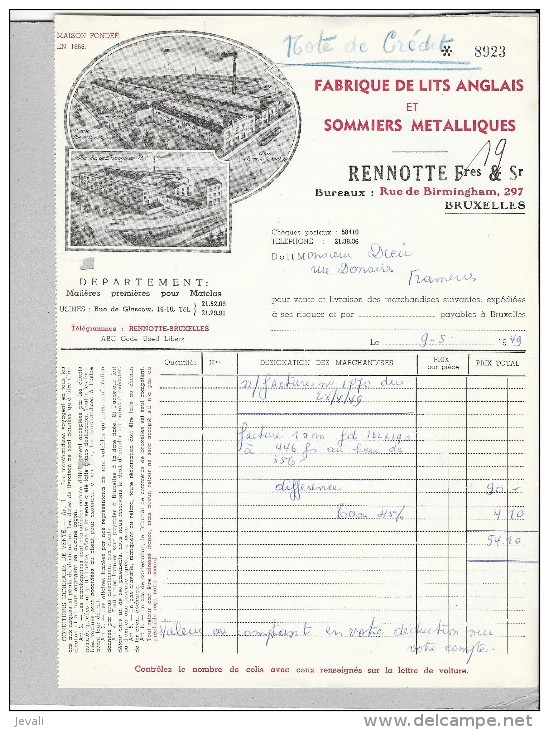 RENNOTTE Fres & Sr  BRUXELLES   Lits Et Sommiers  - 1949 - Textile & Vestimentaire