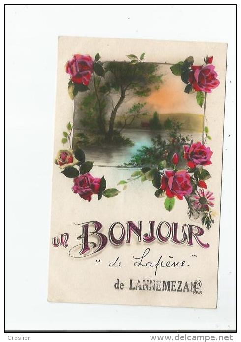 LANNEMEZAN (65) CARTE FANTAISIE UN BONJOUR DE LANNEMEZAN 658 (ROSES ET PAYSAGE) 1938 - Lannemezan