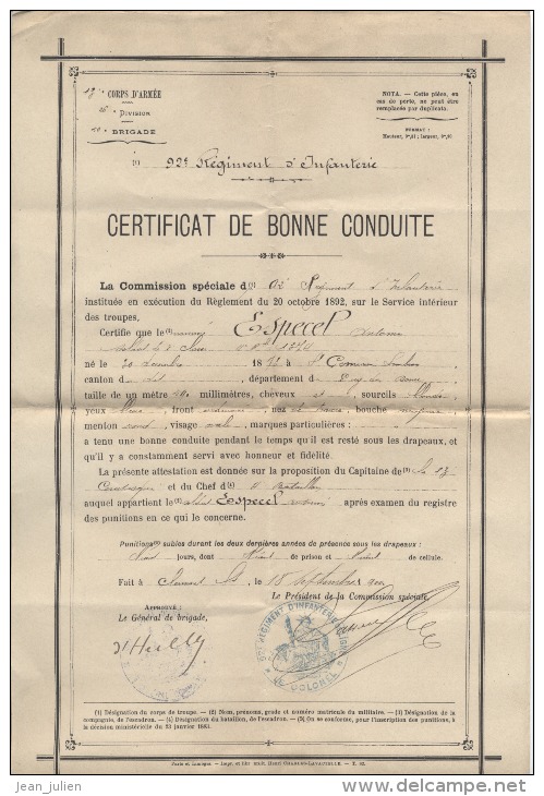 63 - St GERMAIN LEMBRON - MILITARIA  -  92ème Régiment D´infanterie - CERTIFICAT DE BONNE CONDUITE  - 1900 - Documents