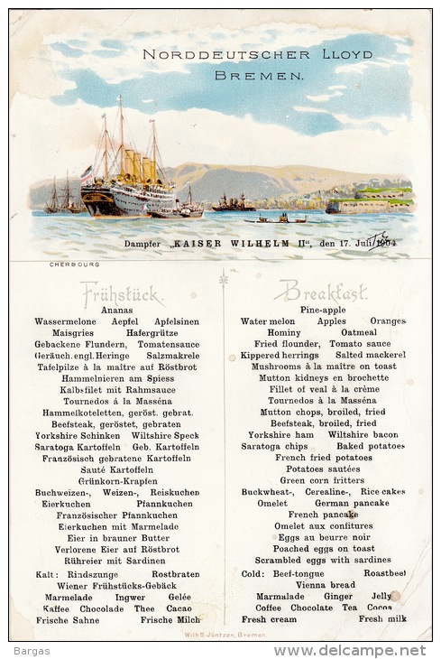 Menu Compagnie Maritime Bateau Paquebot Norddeutscher Lloyd Bremen 17 Juillet 1904 - Menus