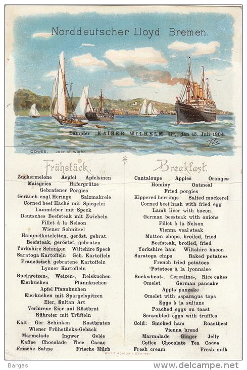 Menu Compagnie Maritime Bateau Paquebot Norddeutscher Lloyd Bremen Kaiser Wilhem 1904 - Menus