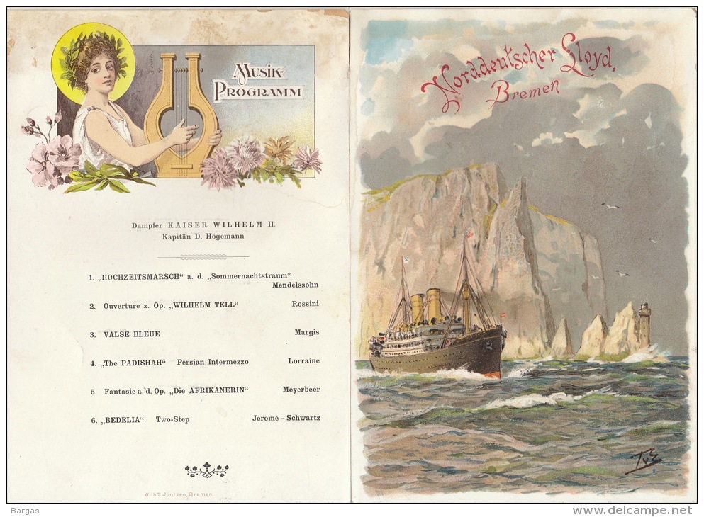 Menu Compagnie Maritime Bateau Paquebot Norddeutscher Lloyd Bremen Kaiser Wilhem 1904 - Menus