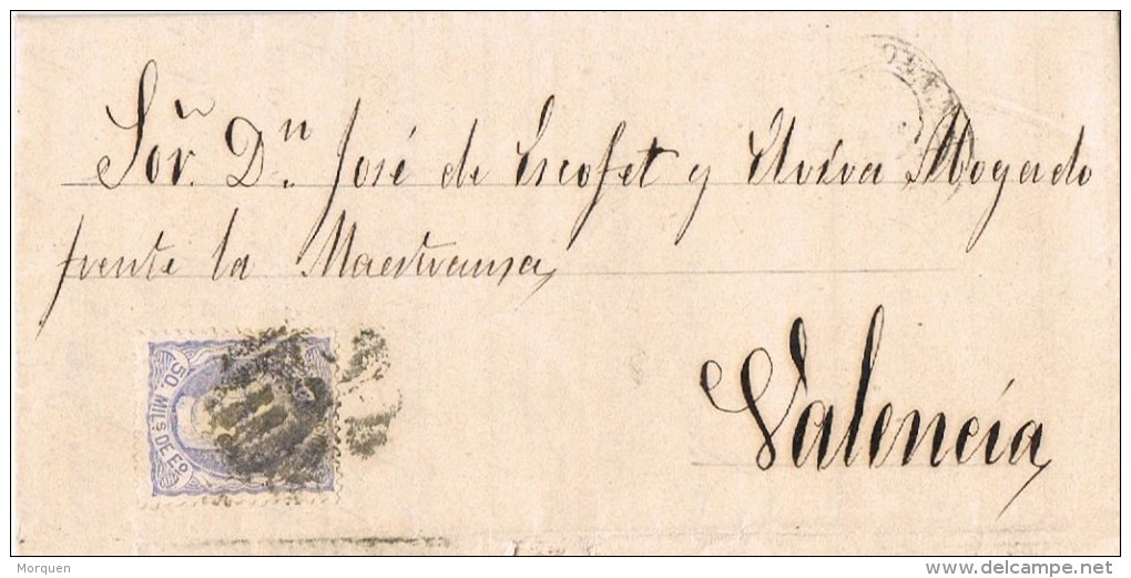 16441. Carta Entera BARCELONA 1870 Valencia. Alegoria, Parrilla Numeral 2 - Storia Postale