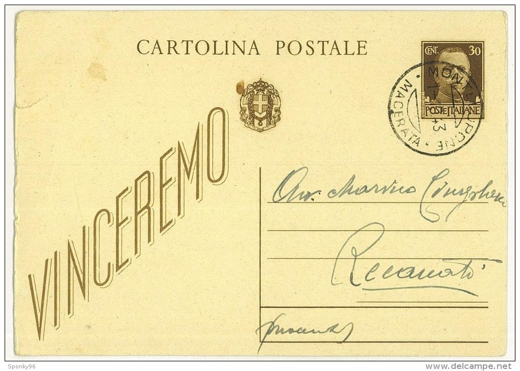 CARTOLINA POSTALE  - ANNO 1943 - PROPAGANDA DI GUERRA - VINCEREMO - MONTELUPONE (MACERATA) - - Oorlogspropaganda