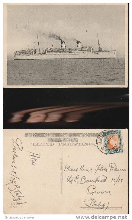 3646) LLOYD TRIESTINO MOTONAVE DUILIO VIAGGIATA 1937 DA SUD AFRICA A GENOVA CARTOLINA SOPRASTAMPATA ITALIA FLOTTE RIUNIT - Piroscafi