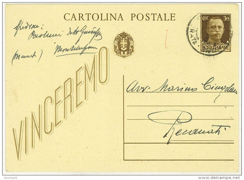 CARTOLINA POSTALE  - ANNO 1942 - PROPAGANDA DI GUERRA - VINCEREMO - RECANATI - MARINO CINGOLANI - - War Propaganda