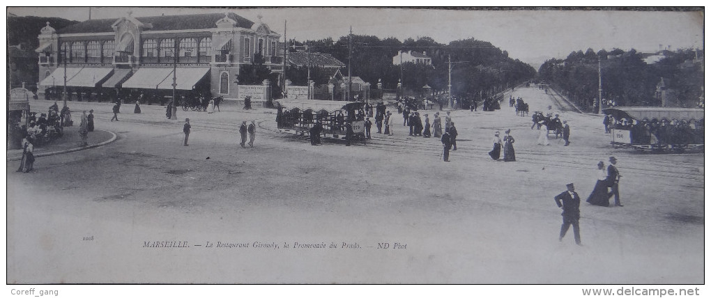 CPA PANORAMIQUE GRAND FORMAT MARSEILLE Le Restaurant Giroudy, La Promenade Du Prado Tramway Animé Attelage - Castellane, Prado, Menpenti, Rouet