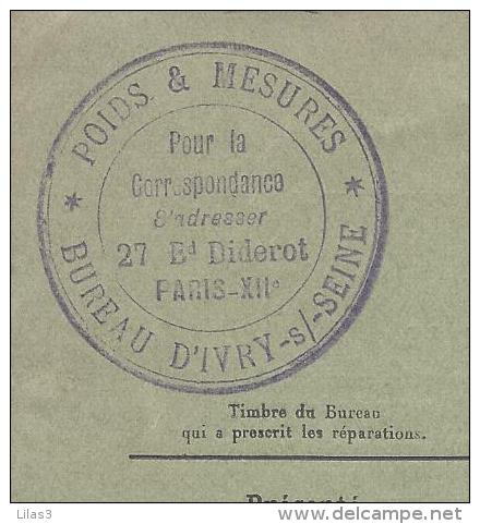 SERVICE DES POIDS ET MESURES 1927 Formulaire N°5 Bulletin De Rajustage BUREAU D´IVRY SUR SEINE - Materiaal En Toebehoren
