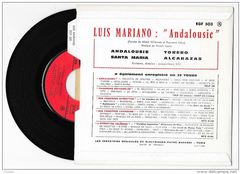 45 T LUIS MARIANO - Andalousie + 3 De 1960. La Voix De Son Maitre EGF 503 - Opera