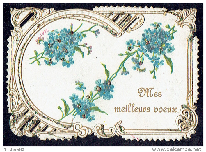 Chromo Jolie Carte De Voeux Gaufrée Ajourée Façon Canivet De 1922 , Paillettes, Fleurs, Pourtour Dentelé - Bloemen