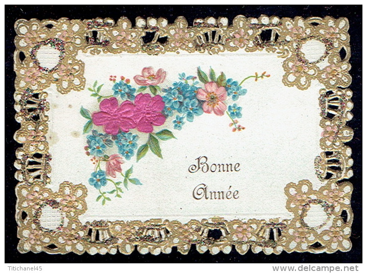 Chromo Dorée Jolie Carte De Voeux Gaufrée Ajourée Façon Canivet, Paillettes, Fleurs En Tissus, Pourtour Dentelé - Bloemen