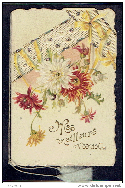 Chromo Jolie Double Carte De Voeux Gaufrée Ajourée Façon Canivet, Paillettes, Pourtour Dentelé - Flowers