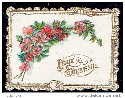 Chromo Jolie Petite Carte "Doux Souvenir", Gaufrée, Fleurs, Paillettes, Pourtour Dentelé - Fleurs