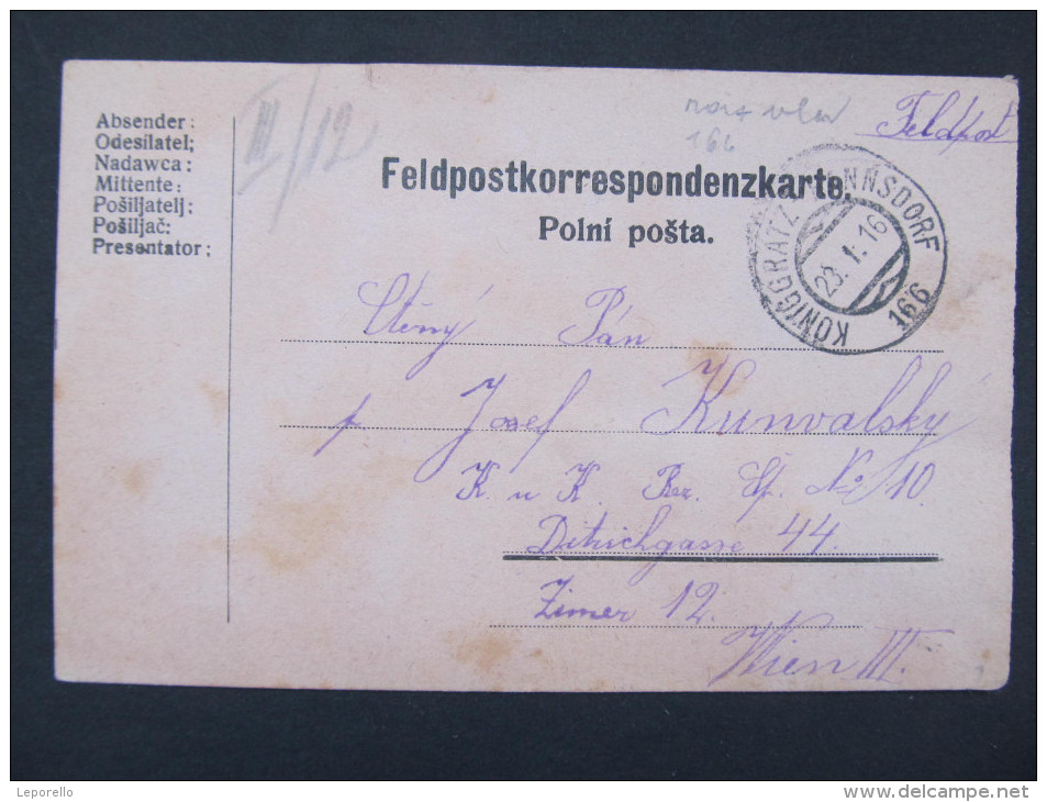 GANZSACHE Korrespondenzkarte Zugstempel Königgrätz - Hannsdorf 1916 Nr. 166 // D*18766 - Briefe U. Dokumente