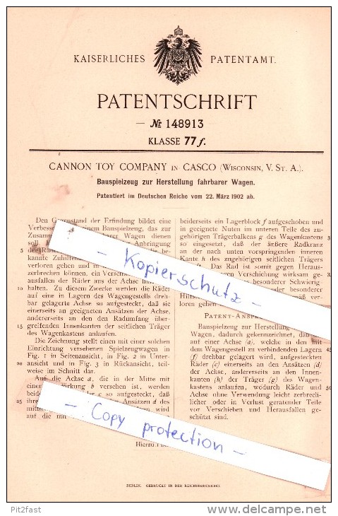 Original Patent  -  Cannon Toy Company In Casco , Wisconsin, V. St. A. , 1902 , !!! - Green Bay