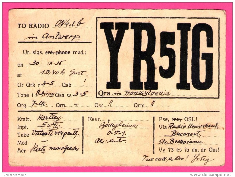 QSL - Radio - Hartley - Bucarest - Q.R.A. Transsylvania - Transylvaine - Réseau Belge - 1935 - Radio