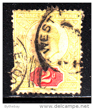 Great Britain Used Scott #130 2p Edward VII, Yellow Green & Carmine - Cut In At Left - Oblitérés