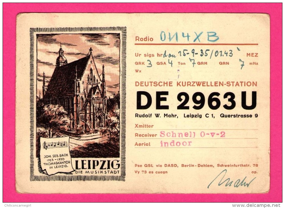 QSL - Rudolf W. Mahr - Querstrasse - The City Of Music - Berlin-Dahlem - Leipzig Die Musikstadt - Réseau Belge - 1935 - Radio