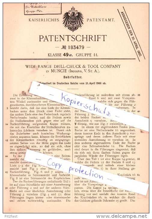 Original Patent  - Wide Range Drill-Chuck & Tool Company In Muncie , Indiana, USA  , 1906 ,  !!! - Muncie