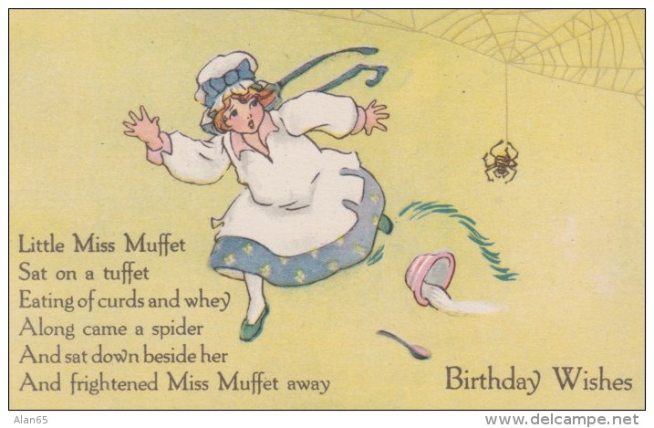 Nursery Rhyme ´Little Miss Muffet´ Spider, Birthday Wishes, C1910s/20s Vintage Postcard - Fairy Tales, Popular Stories & Legends