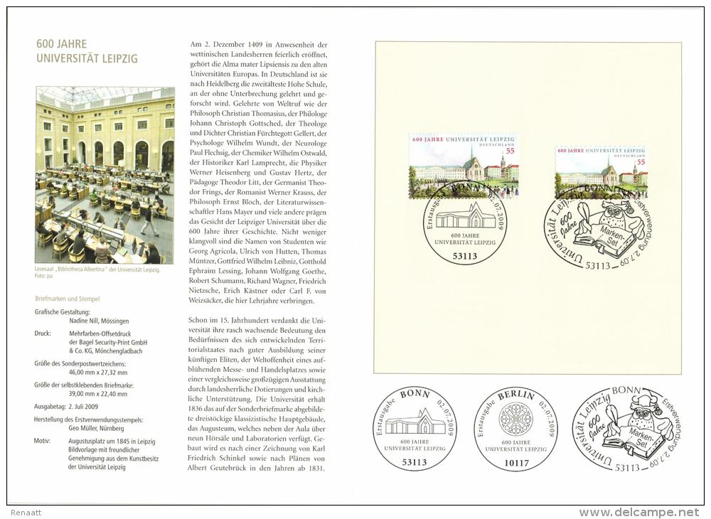 Germany 2009 Mi. 2745 And 2747 FDC Folder DP, 600 Year University Of Leipzig - Other & Unclassified