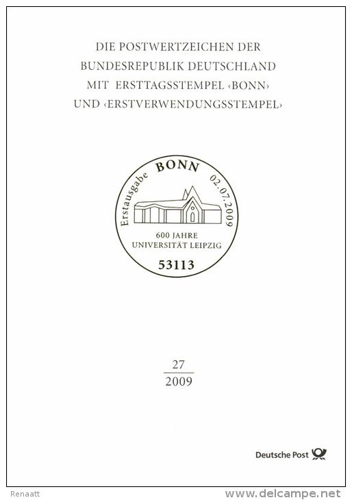 Germany 2009 Mi. 2745 And 2747 FDC Folder DP, 600 Year University Of Leipzig - Other & Unclassified