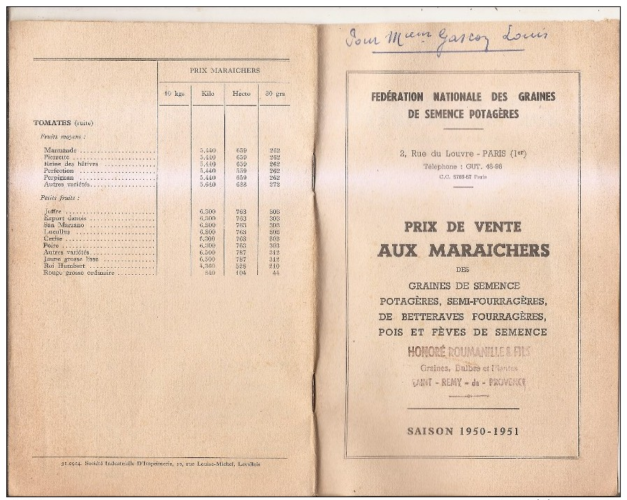 Honoré Roumanille Graines,bulbes Et Plantes-saint-remy De Provence-tarif 1950-1951 - Unclassified