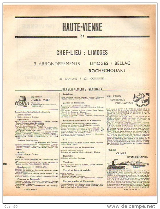 ANNUAIRE - 87 - Département Haute-Vienne - Année 1963 - édition Didot-Bottin - Plan Limoges 2 P - Pub Autobus - Annuaires Téléphoniques