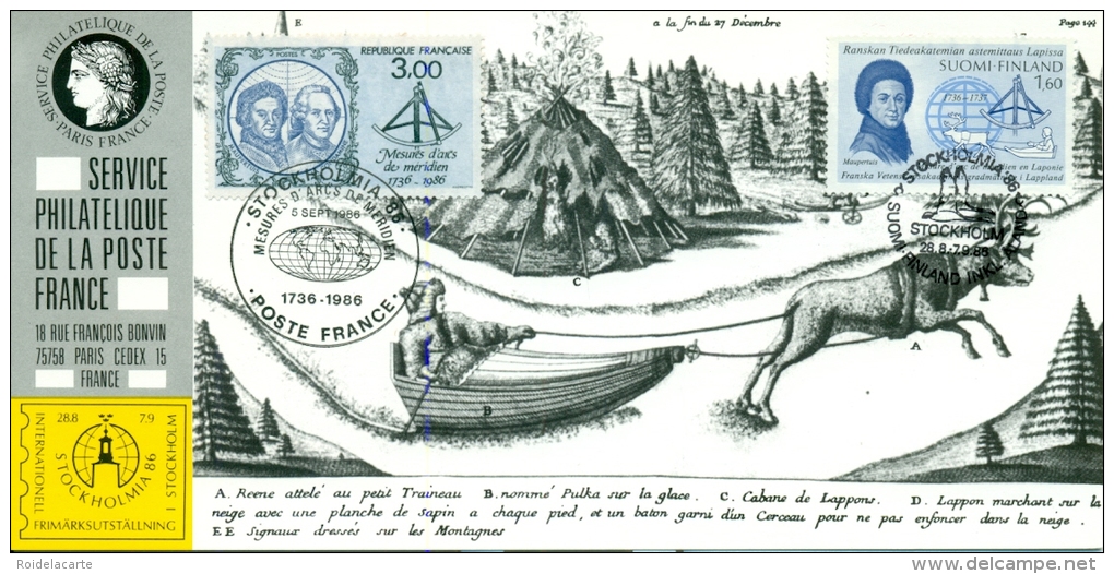 CM-CP031-Carte Expo-Exhibition Card #1986-France -Finlande # Expo STOCKHOLMIA -Stockholm # Maupertuis,measuring,Lappland - Expositions Philatéliques