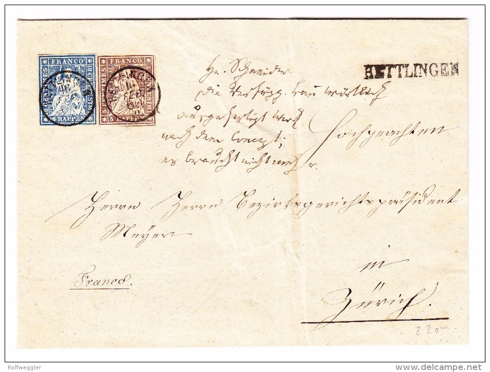 Heimat ZH HETTLINGEN Stabstempel 5 Und 10Rp. Strubel 16.2.1860 Hettlingen Fingerhutstempel Auf Brief - Lettres & Documents