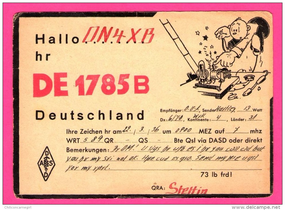 QSL - Radio - STETTIN - Hallo ON4XB Hr DE 1785b Deutschland - Dessin - Télégramme - Hartley - 1936 - DASD - Amateurfunk