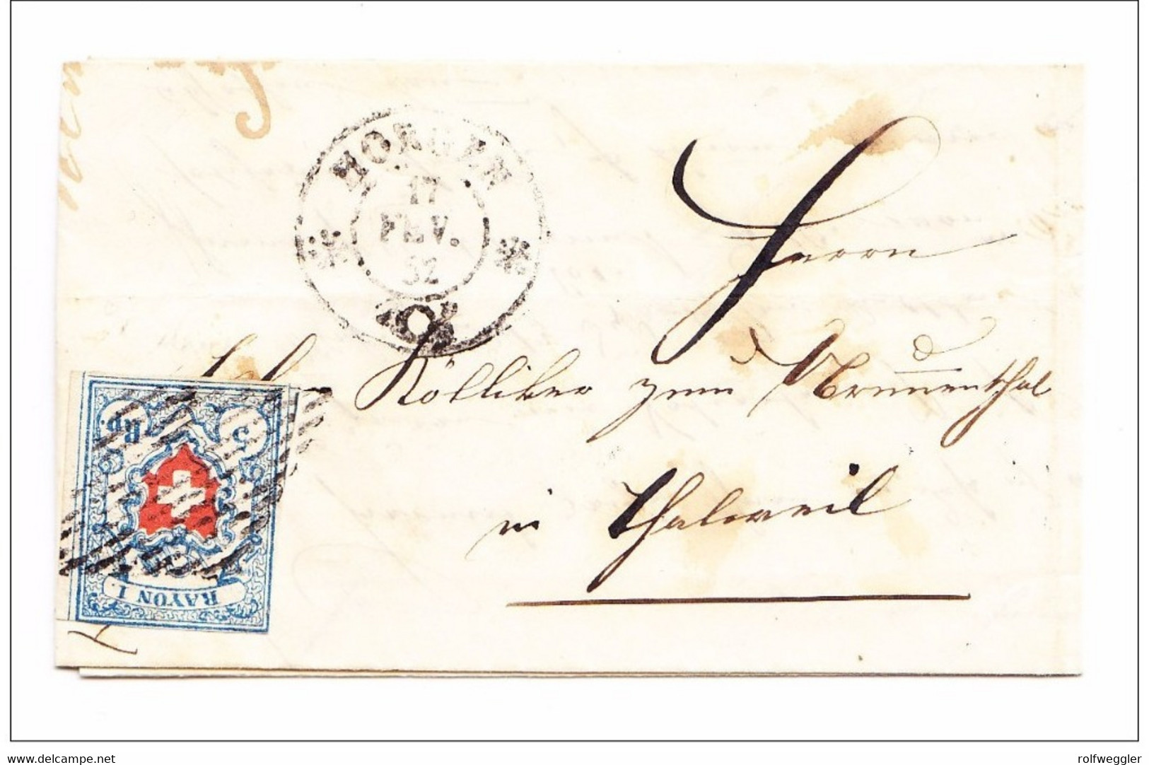 Heimat ZH HORGEN 17.2.1852 2-Kreis-Stempel 5Rp. Rayon I Auf Brief Nach Thalwil - 1843-1852 Federal & Cantonal Stamps