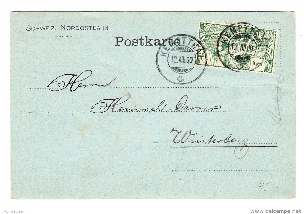 Heimat ZH KEMPPTHAL 12.8.1900 Blau Im Kasten UPU 5Rp. Auf Postkarte Schweiz. Nordostbahn - Storia Postale