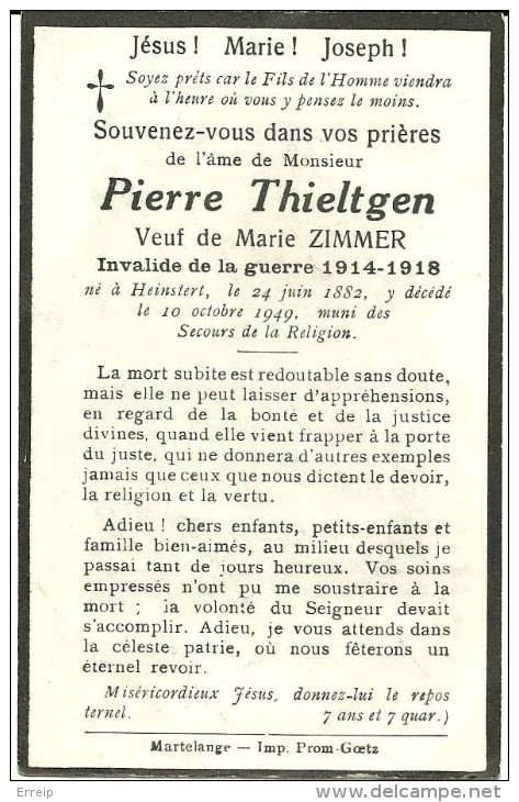 Pierre Thieltgen Heinstert 1882 1949 Invalide De Guerre 14-18 - Attert