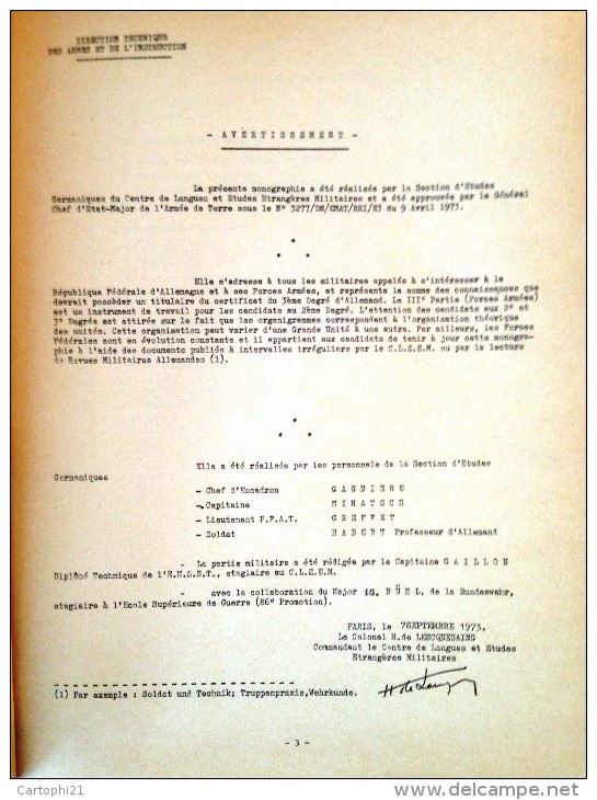 RARE Manuel REPUBLIQUE FEDERALE D´ ALLEMAGNE ET LA BUNDESWEHR Ministère Des Armées Septembre 1973 INSTRUCTION ARMEE - Police & Militaire