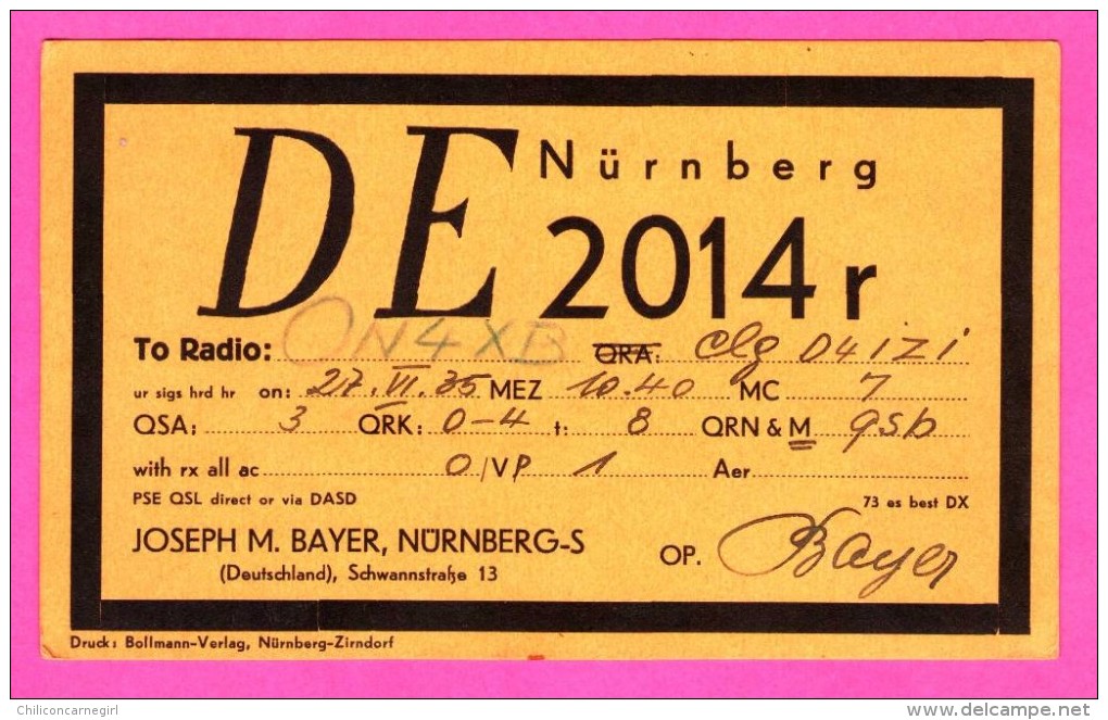 QSL - Radio - JOSEPH M. BAYER - Nürnberg - Deutschland - BOLLMANN - Réseau Belge - 1935 - Radio Amateur