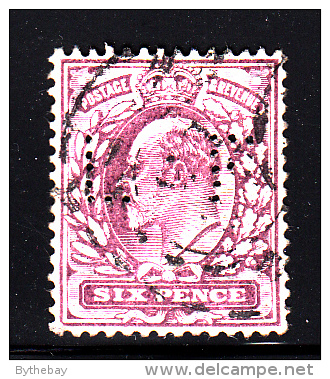 Great Britain Used Scott #135b 6p Edward VII, Red Violet Perfin: LF - LL Corner Perf Thin - Perforés