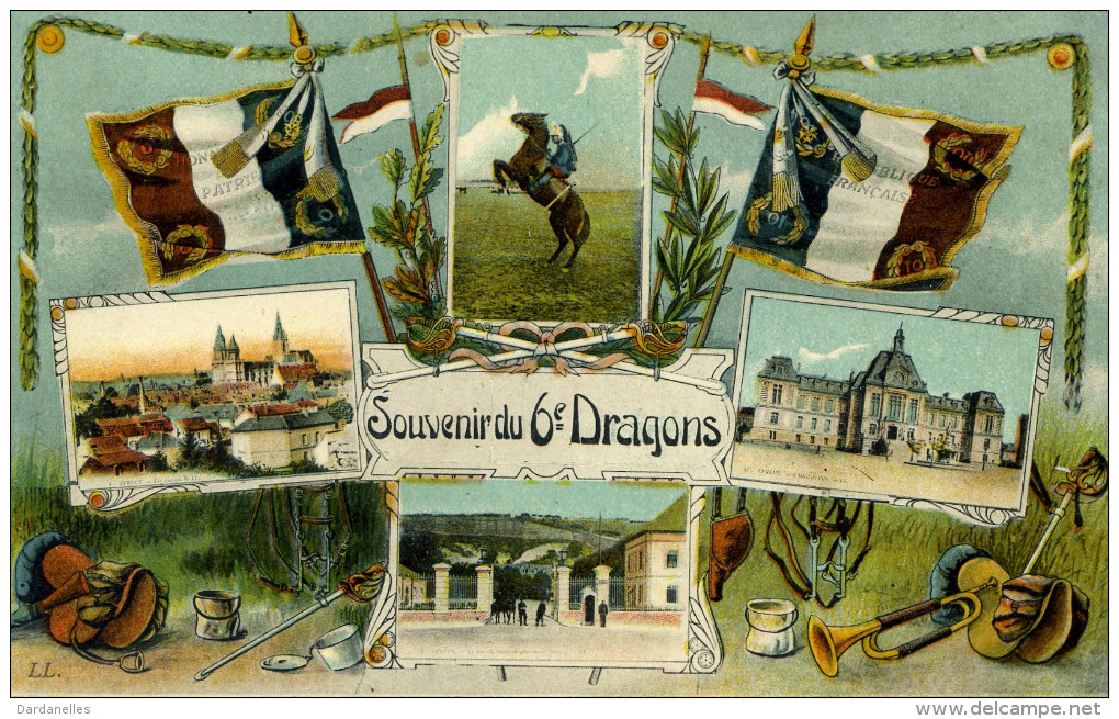 7439 -  Cpa Multi-vues (8 Images) Souvenirs Du 6e Dragons, Casernes, Drapeaux, Matériels - Reggimenti