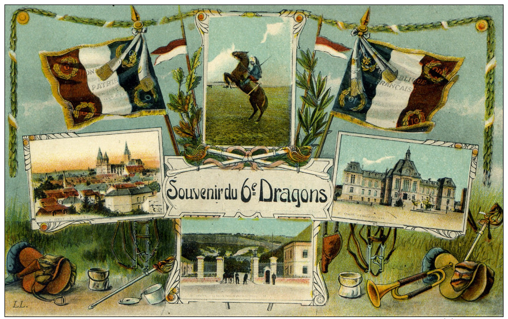 7439 -  Cpa Multi-vues (8 Images) Souvenirs Du 6e Dragons, Casernes, Drapeaux, Matériels - Reggimenti