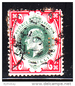 Great Britain Used Scott #138a 1sh Edward VII, Scarlet & Dark Green Perfin: LF - Perf Faults, Album Adherence - Perforés