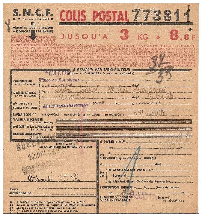 Bulletin D´expédition  N° 773811 Avec Colis Postaux N° Sans  -     CO - Lettres & Documents